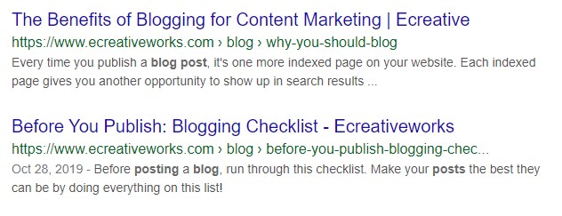 Examples of Ecreative meta descriptions as they are displayed in search engine result pages.